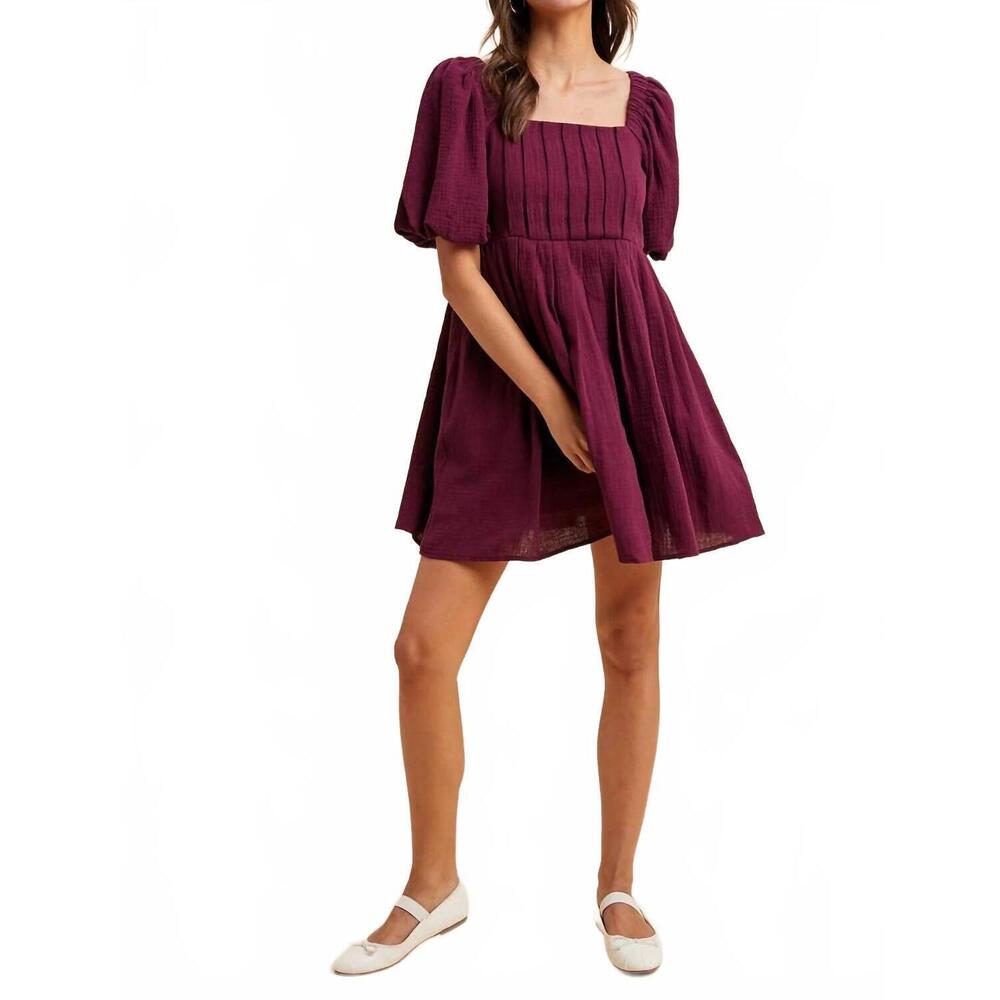 NEW IN-LOOM cotton box pleat mini dress in winter plum